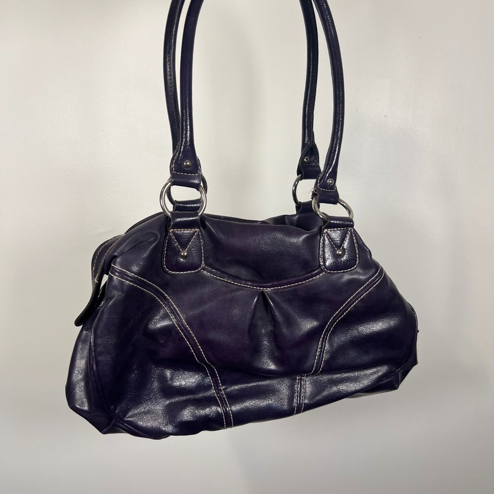 ELLE Womens Purple Faux Leather Shoulder Bag Contrast Stitching Y2K Medium